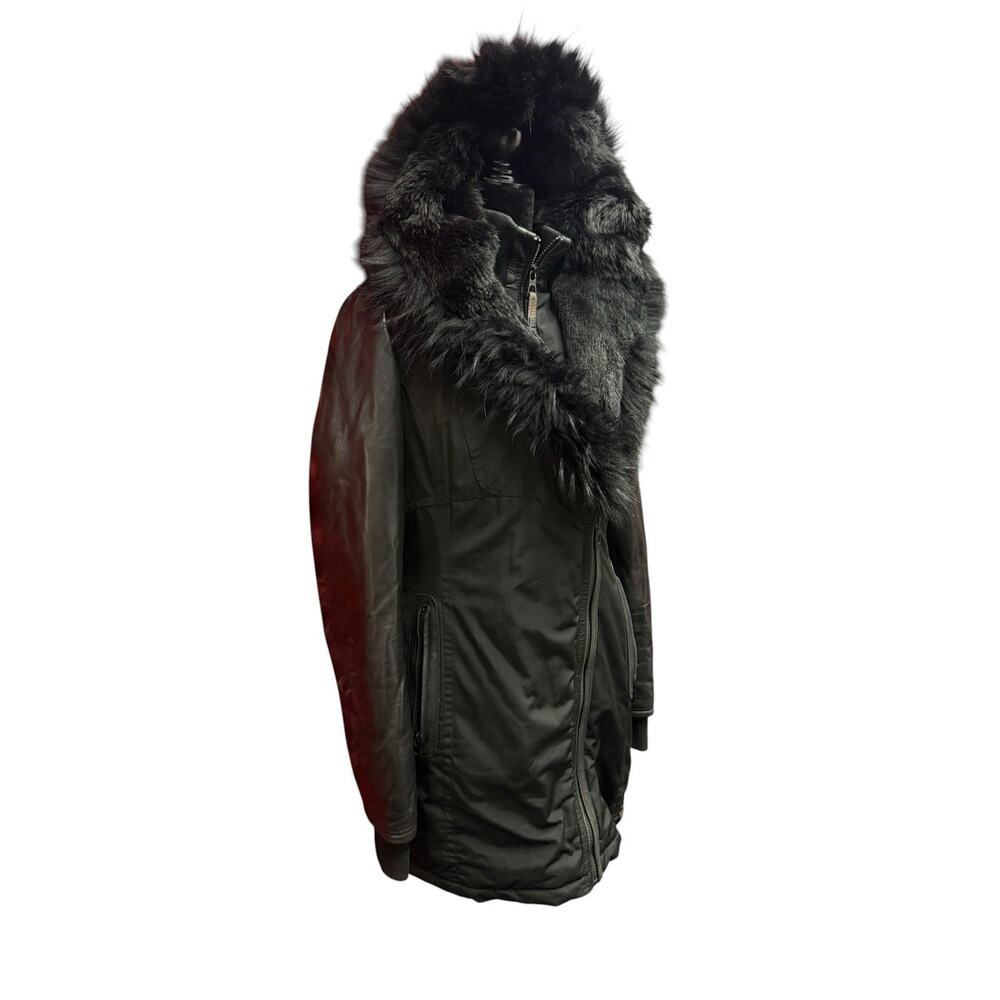 RUDSAK Grace Black Down Puffer Coat M Genuine Leather Sleeves Real Fur Parka - Picture 5 of 15
